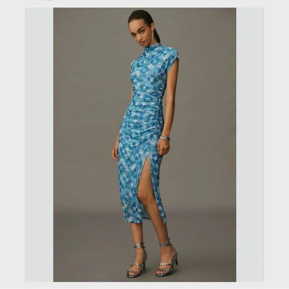 Anthropologie The Maya Ruched Cowl-Neck Dress Mesh Edition Blue Floral Dress - Picture 1 of 16